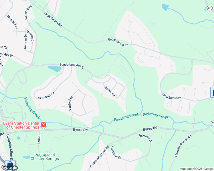 map of restaurants, bars, coffee shops, grocery stores, and more near 2505 Rainer Road in Chester Springs