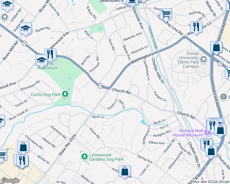 map of restaurants, bars, coffee shops, grocery stores, and more near 7931 Green Lane in Wyncote