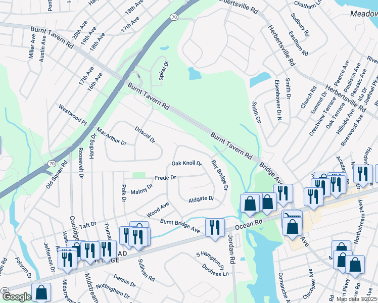 map of restaurants, bars, coffee shops, grocery stores, and more near 4 Drury Court in Brick Township