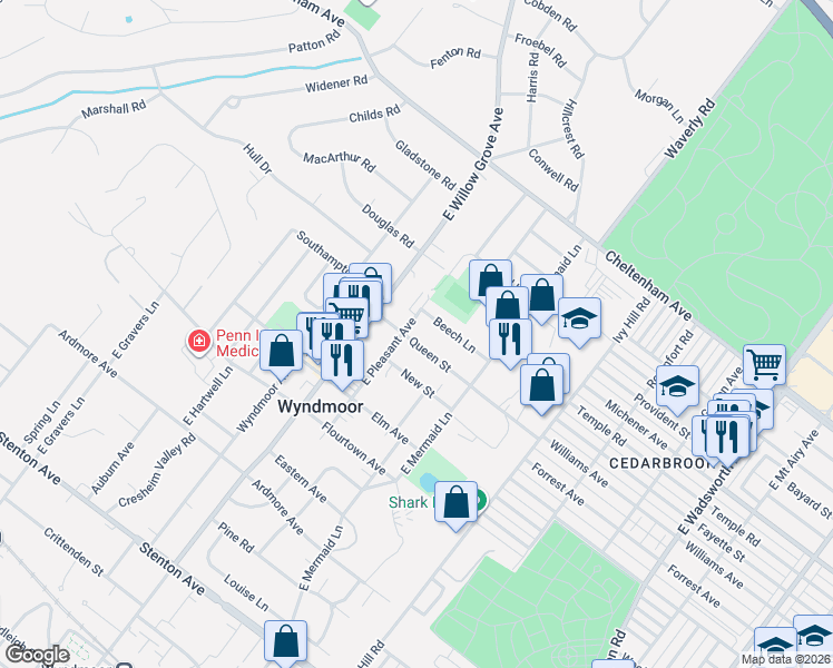 map of restaurants, bars, coffee shops, grocery stores, and more near 7814 Queen Street in Wyndmoor