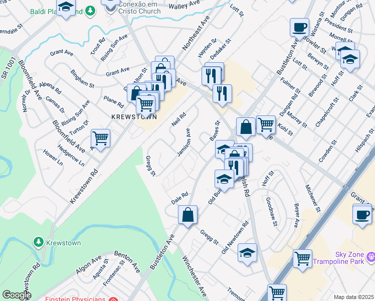 map of restaurants, bars, coffee shops, grocery stores, and more near 9271 Jamison Avenue in Philadelphia