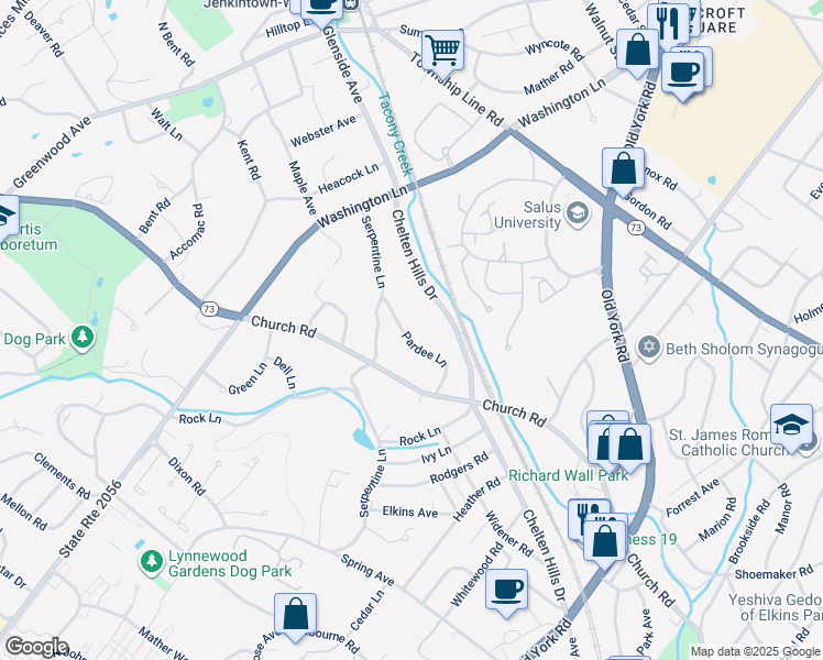 map of restaurants, bars, coffee shops, grocery stores, and more near 821 Pardee Lane in Wyncote