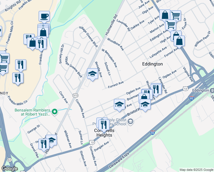 map of restaurants, bars, coffee shops, grocery stores, and more near 2416 Forrest Avenue in Eddington