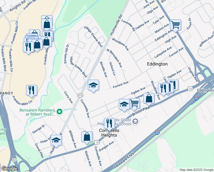 map of restaurants, bars, coffee shops, grocery stores, and more near 2215 Hulmeville Road in Bensalem