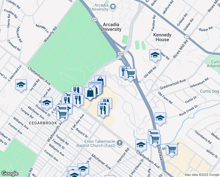 map of restaurants, bars, coffee shops, grocery stores, and more near 119 Old Cedarbrook Road in Wyncote