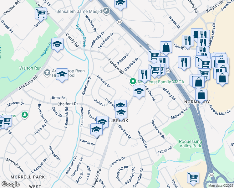 map of restaurants, bars, coffee shops, grocery stores, and more near 11123 Kirby Drive in Philadelphia