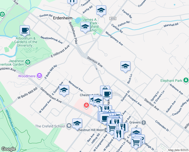 map of restaurants, bars, coffee shops, grocery stores, and more near 183 Lynnebrook Lane in Philadelphia