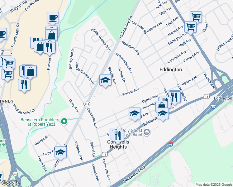 map of restaurants, bars, coffee shops, grocery stores, and more near 1318 Rosalie Avenue in Eddington