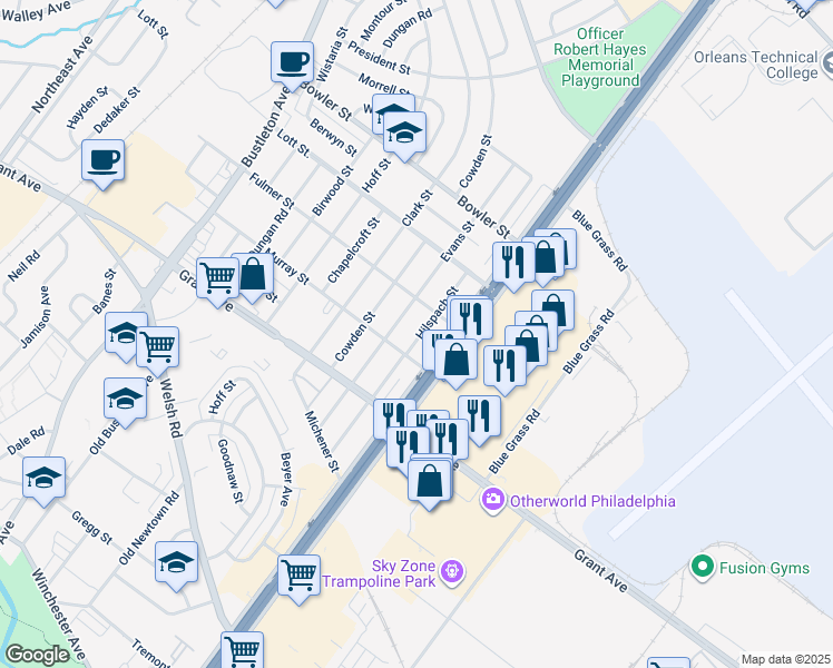 map of restaurants, bars, coffee shops, grocery stores, and more near 9612 Hilspach St in Philadelphia