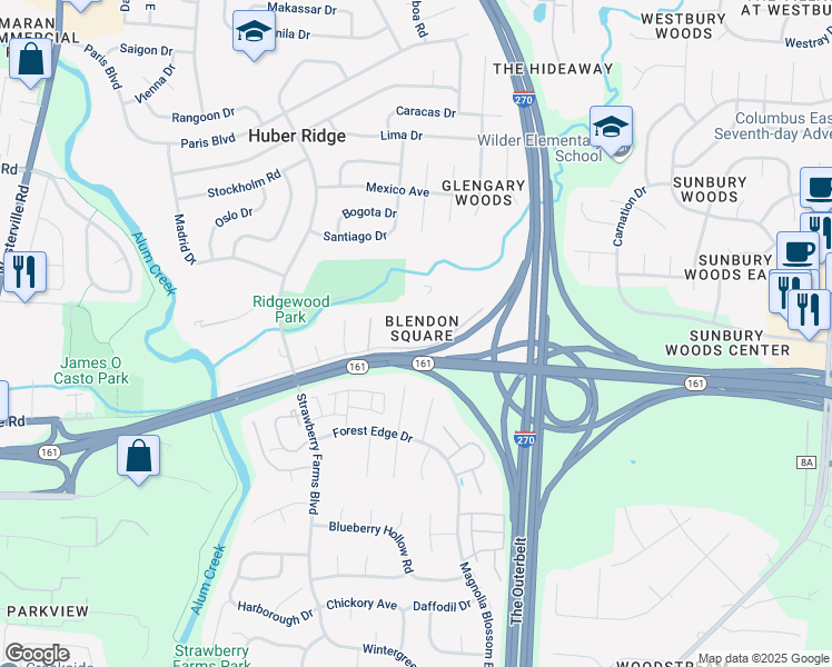 map of restaurants, bars, coffee shops, grocery stores, and more near 5410 Woodvale Court in Westerville