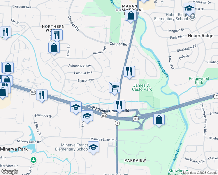 map of restaurants, bars, coffee shops, grocery stores, and more near 5393 Valley Lane East in Columbus