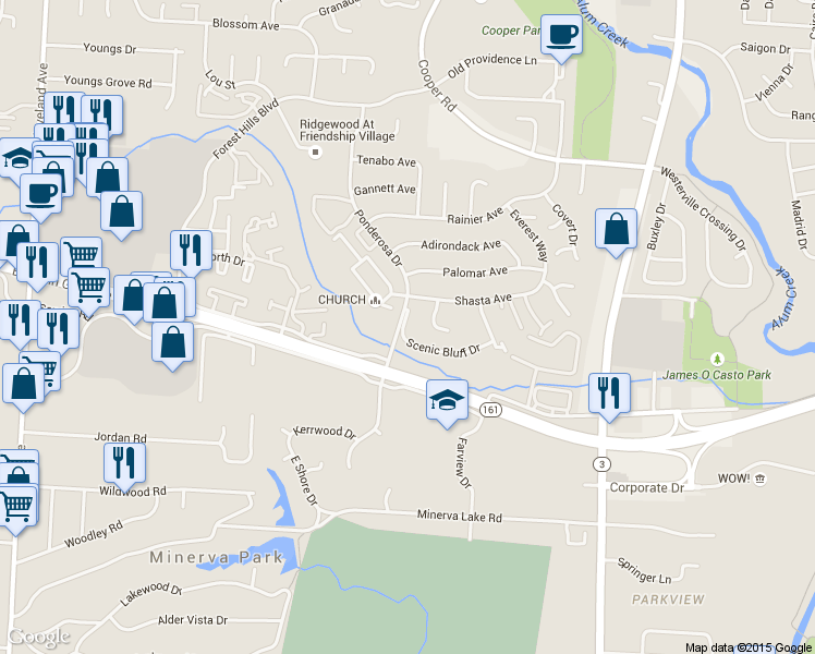 map of restaurants, bars, coffee shops, grocery stores, and more near 3081 Scenic Bluff Drive in Columbus