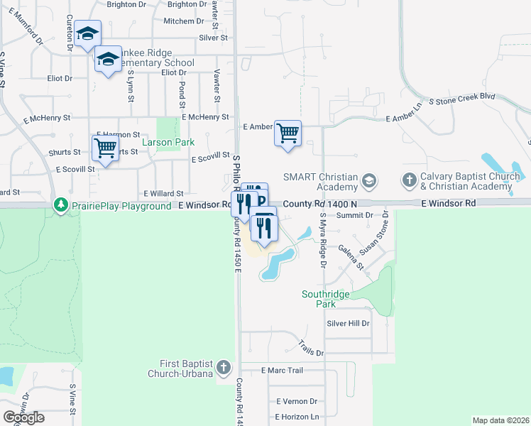 map of restaurants, bars, coffee shops, grocery stores, and more near 2740 South Philo Road in Urbana