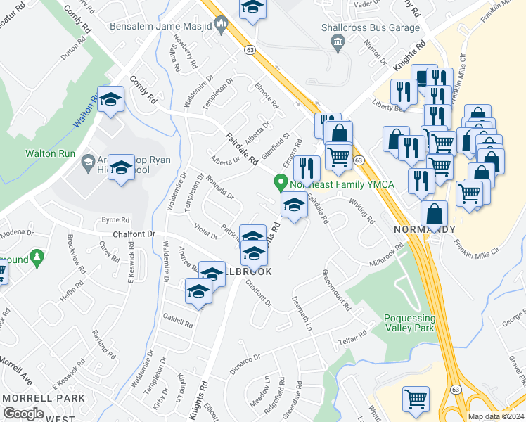 map of restaurants, bars, coffee shops, grocery stores, and more near 3952 Lancelot Place in Philadelphia
