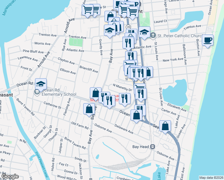 map of restaurants, bars, coffee shops, grocery stores, and more near 628 South Manetta Drive in Point Pleasant