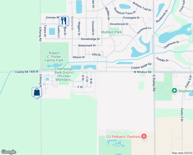 map of restaurants, bars, coffee shops, grocery stores, and more near 4809 West Windsor Road in Champaign