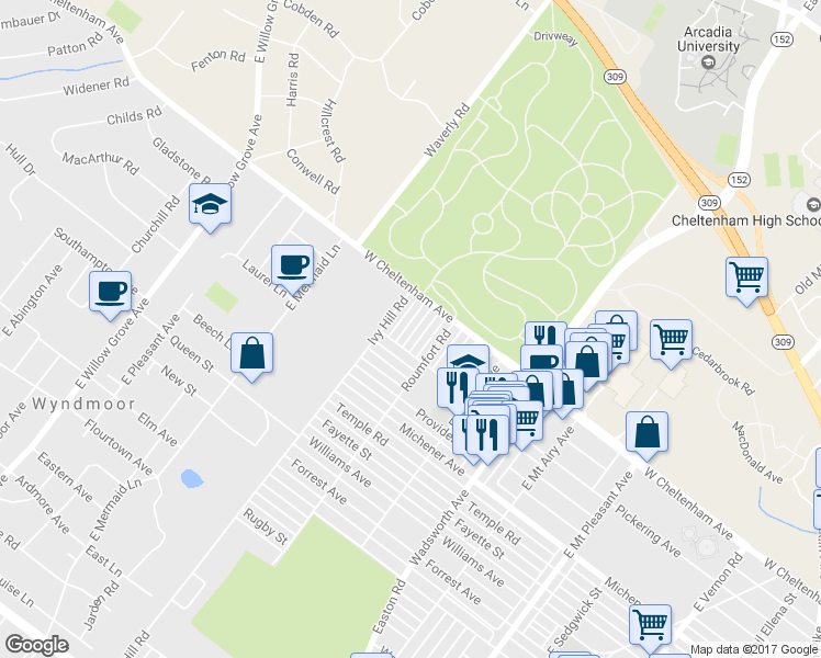map of restaurants, bars, coffee shops, grocery stores, and more near 1612 Woodbrook Lane in Philadelphia