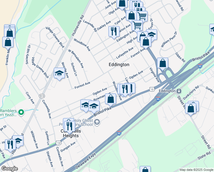 map of restaurants, bars, coffee shops, grocery stores, and more near 2590 Ogden Avenue in Eddington