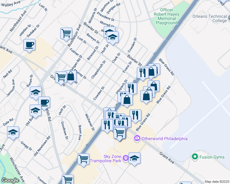 map of restaurants, bars, coffee shops, grocery stores, and more near 9612 Hilspach St in Philadelphia