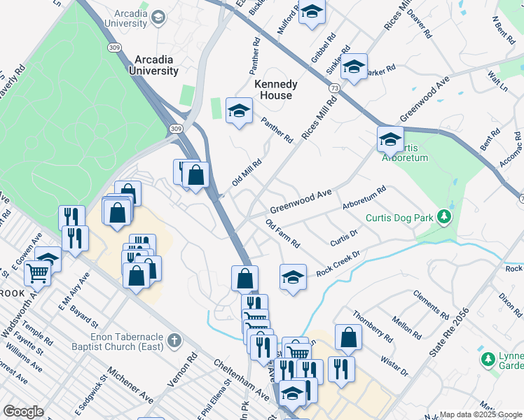 map of restaurants, bars, coffee shops, grocery stores, and more near 400 Old Farm Road in Wyncote