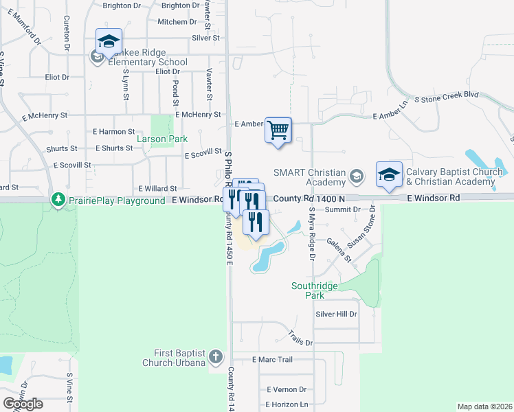 map of restaurants, bars, coffee shops, grocery stores, and more near 2740 South Philo Road in Urbana