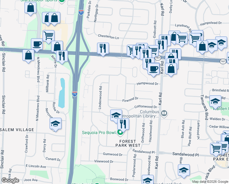 map of restaurants, bars, coffee shops, grocery stores, and more near 5708 Firwood Place in Columbus