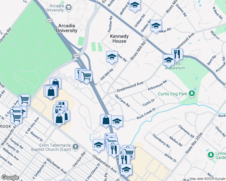 map of restaurants, bars, coffee shops, grocery stores, and more near 400 Old Farm Road in Wyncote