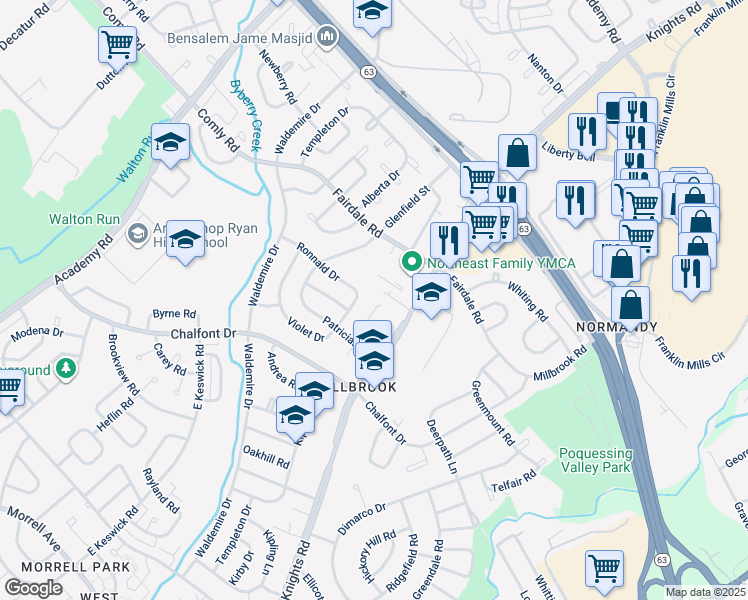map of restaurants, bars, coffee shops, grocery stores, and more near 3960 Lancelot Place in Philadelphia