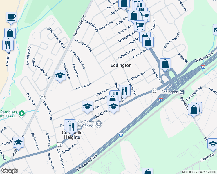 map of restaurants, bars, coffee shops, grocery stores, and more near 2590 Ogden Avenue in Eddington