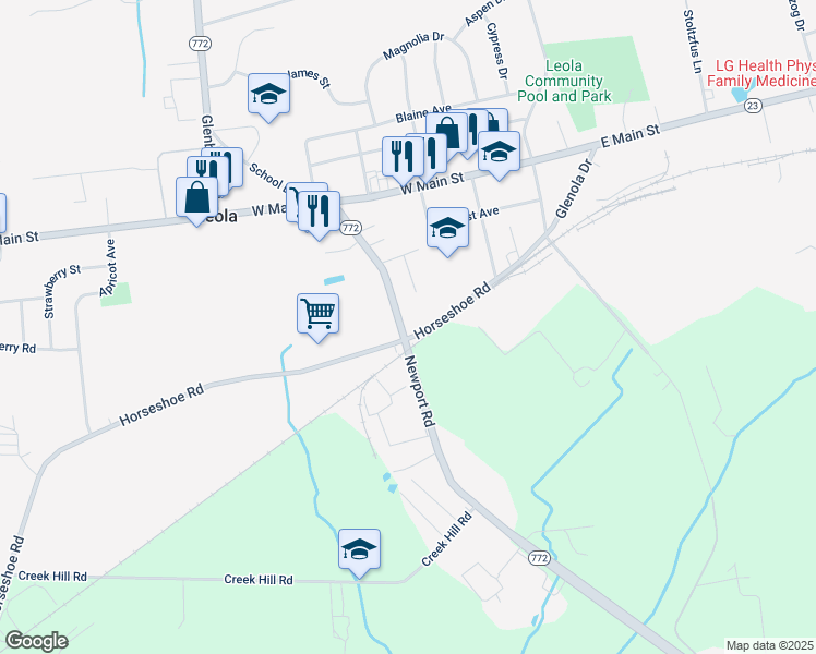 map of restaurants, bars, coffee shops, grocery stores, and more near 61 Newport Road in Leacock-Leola-Bareville