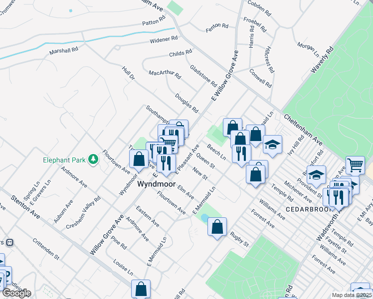 map of restaurants, bars, coffee shops, grocery stores, and more near 7814 Queen Street in Wyndmoor
