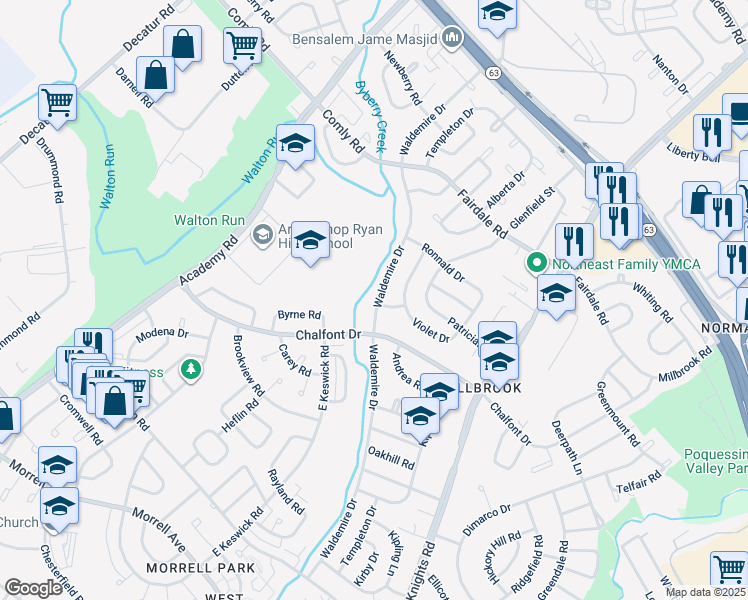 map of restaurants, bars, coffee shops, grocery stores, and more near 11104 Waldemire Drive in Philadelphia
