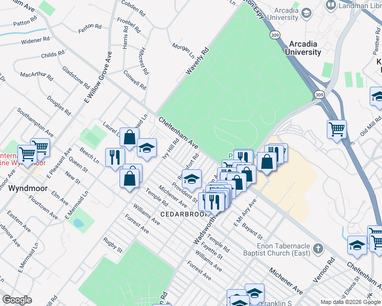 map of restaurants, bars, coffee shops, grocery stores, and more near 1615 Roumfort Road in Philadelphia