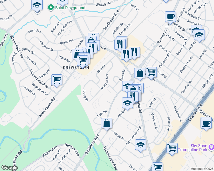 map of restaurants, bars, coffee shops, grocery stores, and more near 9275 Jamison Avenue in Philadelphia