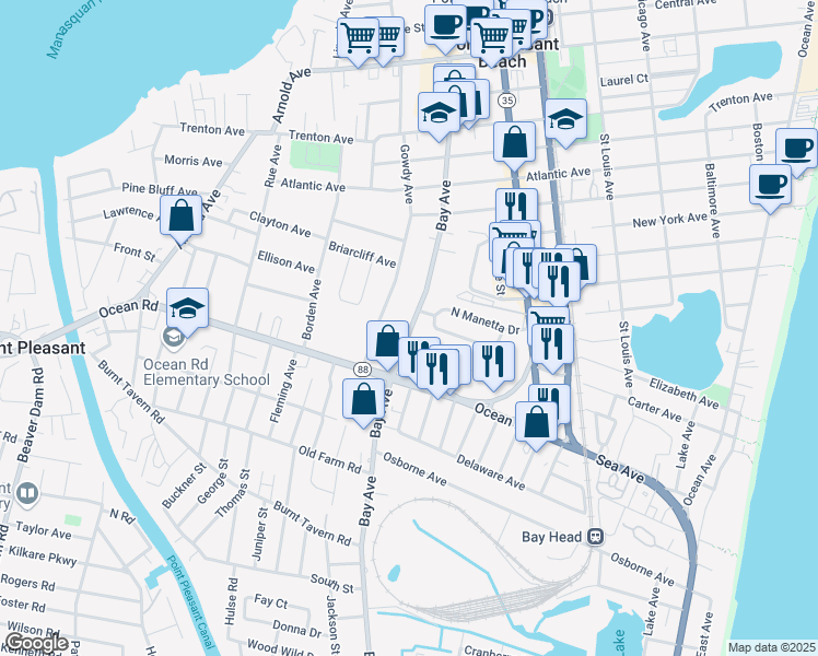 map of restaurants, bars, coffee shops, grocery stores, and more near 1120 Bay Avenue in Point Pleasant