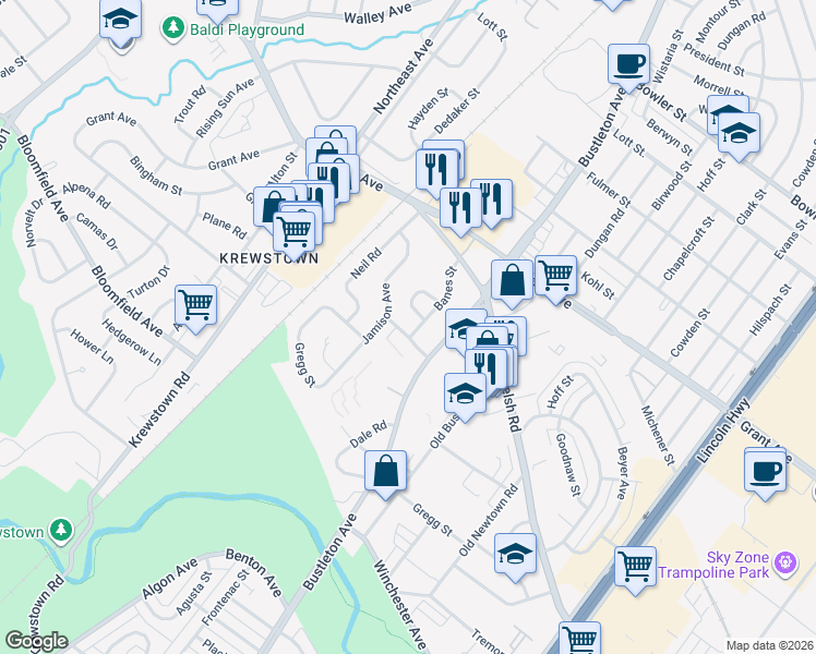 map of restaurants, bars, coffee shops, grocery stores, and more near 2600 Scotchbrook Drive in Philadelphia