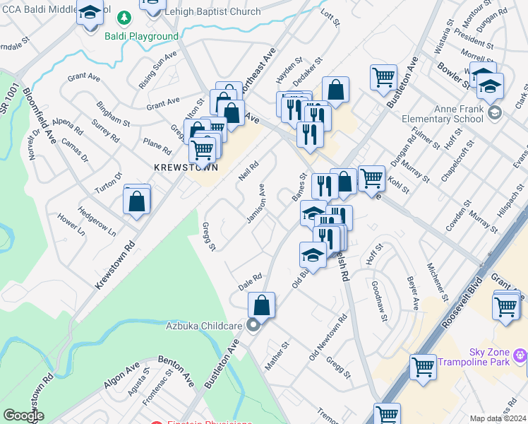map of restaurants, bars, coffee shops, grocery stores, and more near 2600 Scotchbrook Drive in Philadelphia