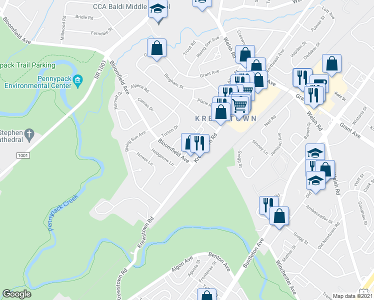 map of restaurants, bars, coffee shops, grocery stores, and more near 8900 Krewstown Road in Philadelphia
