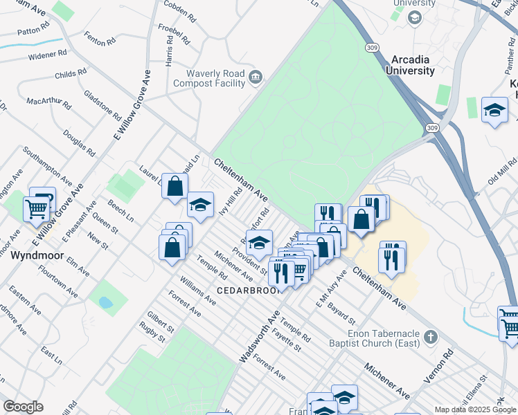 map of restaurants, bars, coffee shops, grocery stores, and more near 1615 Roumfort Road in Philadelphia