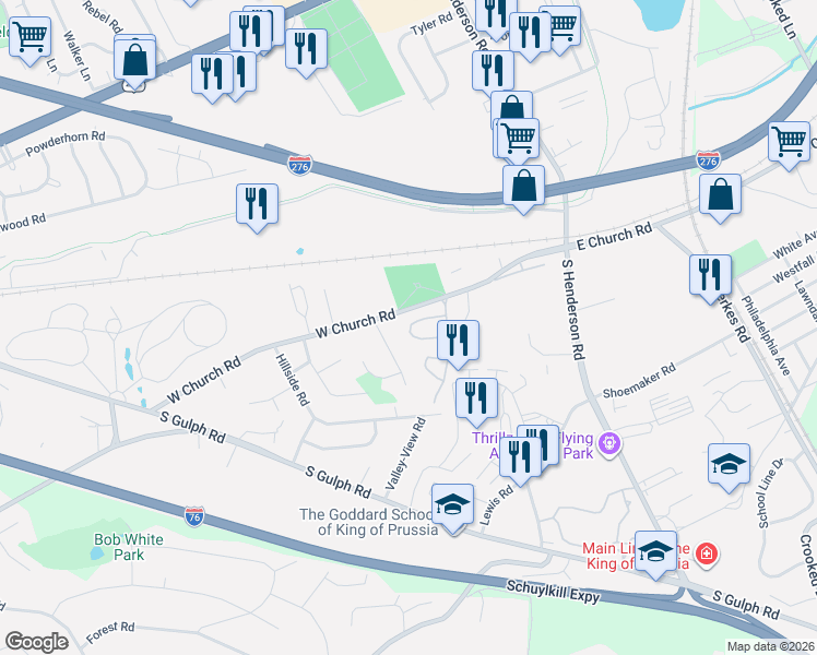 map of restaurants, bars, coffee shops, grocery stores, and more near 418 Gulph Ridge Drive in King of Prussia