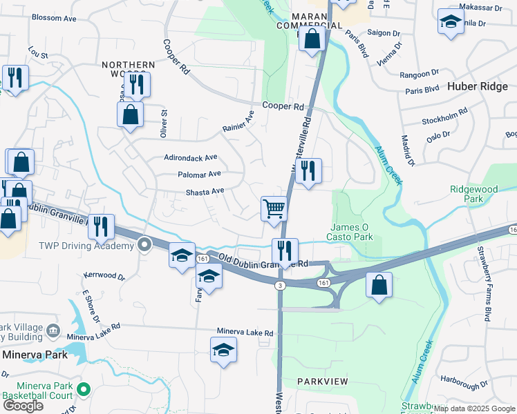 map of restaurants, bars, coffee shops, grocery stores, and more near 5393 Valley Lane East in Columbus