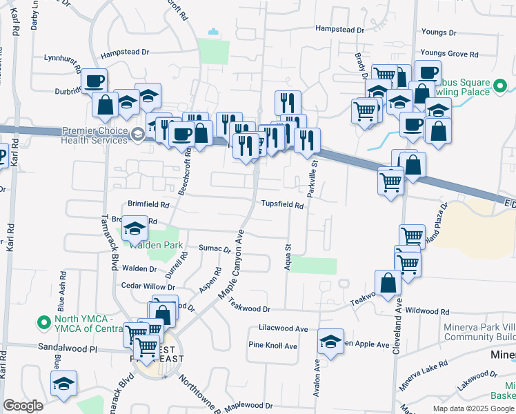 map of restaurants, bars, coffee shops, grocery stores, and more near 5600 Maple Canyon Avenue in Columbus
