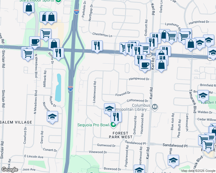map of restaurants, bars, coffee shops, grocery stores, and more near 5708 Firwood Place in Columbus