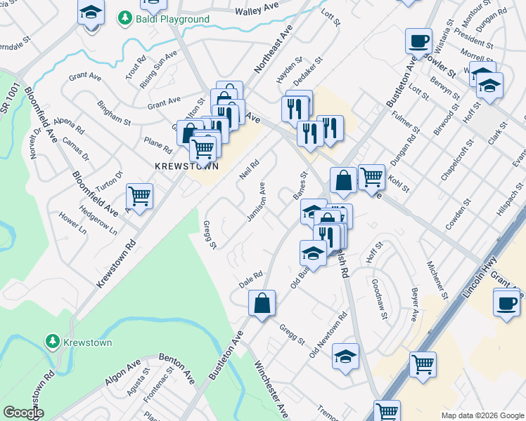 map of restaurants, bars, coffee shops, grocery stores, and more near 9275 Jamison Avenue in Philadelphia