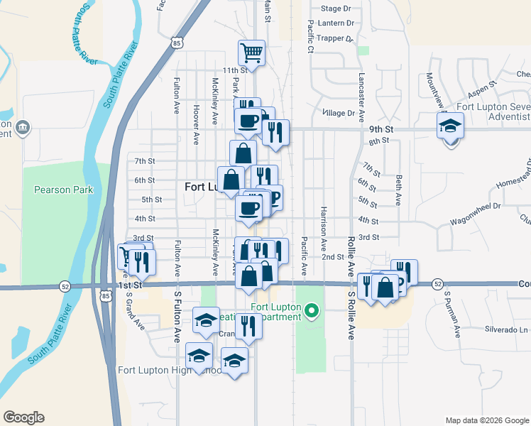 map of restaurants, bars, coffee shops, grocery stores, and more near 334 Main Street in Fort Lupton