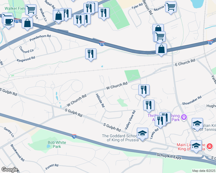 map of restaurants, bars, coffee shops, grocery stores, and more near 346 West Church Road in King of Prussia