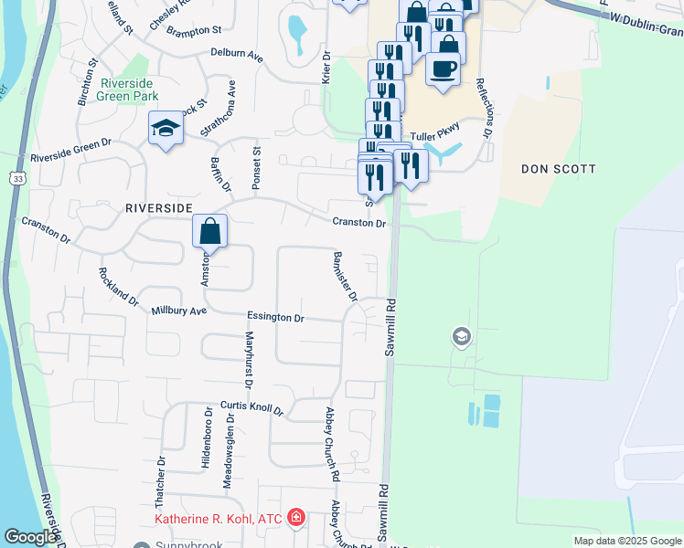 map of restaurants, bars, coffee shops, grocery stores, and more near 6332 Bannister Drive in Dublin