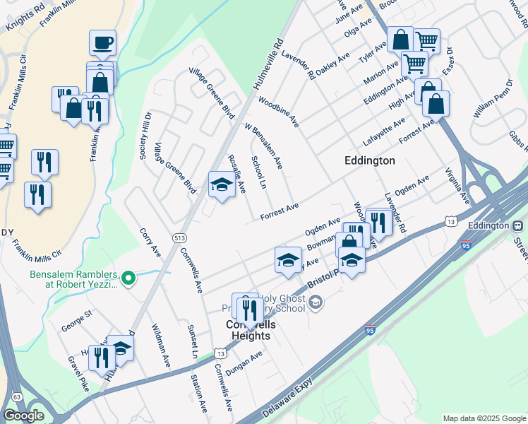 map of restaurants, bars, coffee shops, grocery stores, and more near 2426 Forrest Avenue in Eddington