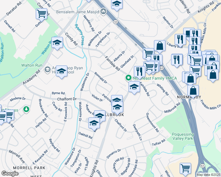 map of restaurants, bars, coffee shops, grocery stores, and more near 11120 Kirby Dr in Philadelphia