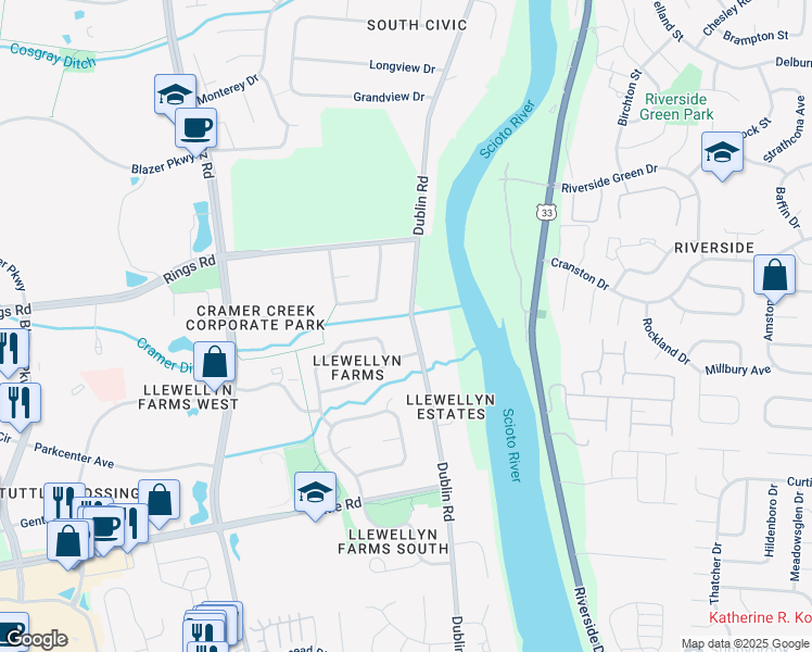 map of restaurants, bars, coffee shops, grocery stores, and more near 5707 Dublin Road in Dublin